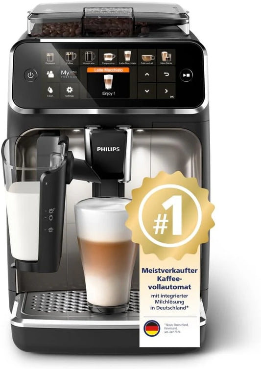 Philips EP5447/90 Kaffeevollautomat mit LatteGo – 12 Kaffeespezialitäten, TFT-Touchdisplay, integrierte Kaffeemühle, ExtraShot, Schwarz/Chrom