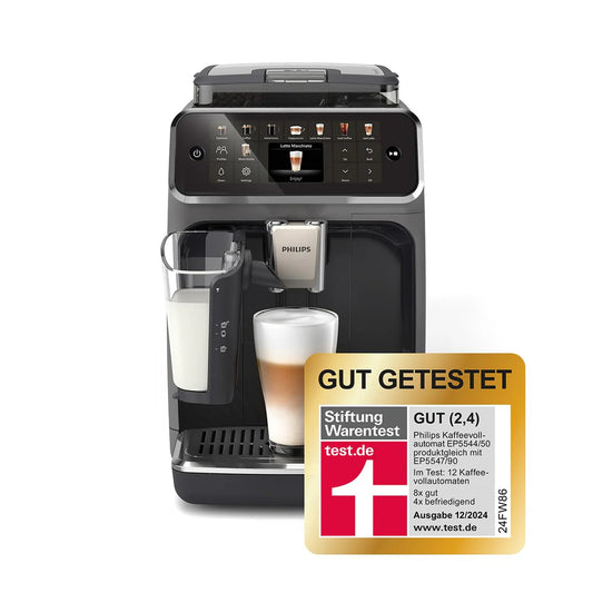 Philips EP5447/90 Kaffeevollautomat mit LatteGo – 12 Kaffeespezialitäten, TFT-Touchdisplay, integrierte Kaffeemühle, ExtraShot, Schwarz/Chrom